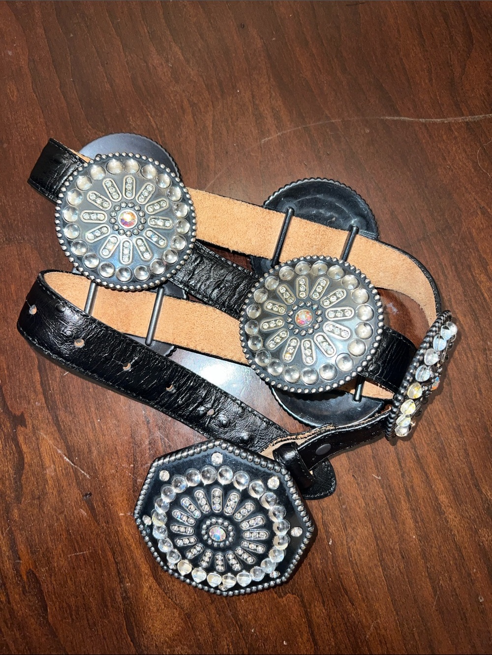 Black Leather Western Concho Belt with Rhinestone Accents